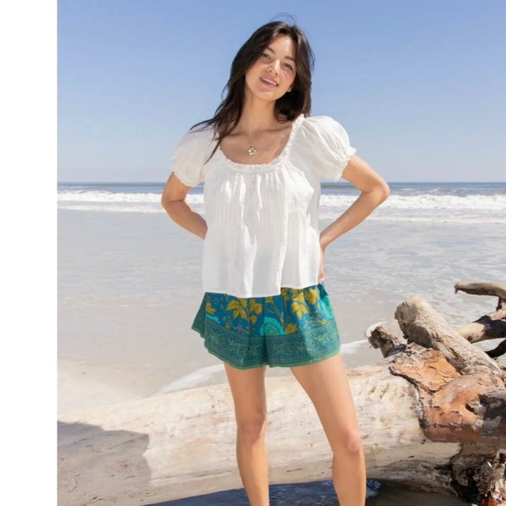 Natural Life Maribel Shorts Teal Sage Border Boho Floral Pull-On Shorts Medium